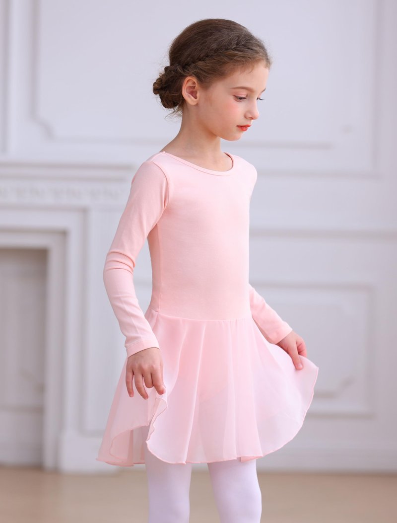 MdnMd Ballet Leotards for Girls Toddler Long Sleeve Dance Leotard Skirted Gymnastics Ballerina Outfit AM300 (Ballet Pink, 4-6 Years)