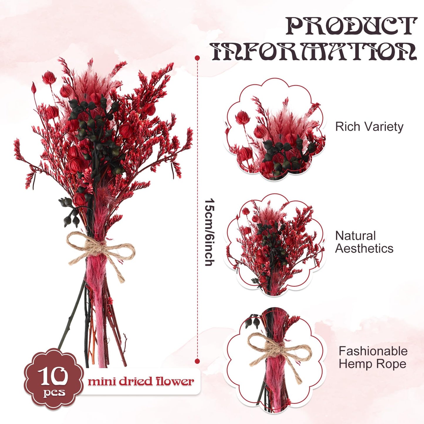 10 Pack Halloween Flowers Bouquets Red Black Series Mini Dried Flower with Stem Natural Dry Flower Bundles Dried Floral Arrangement for Vase DIY Goth Wedding Decor