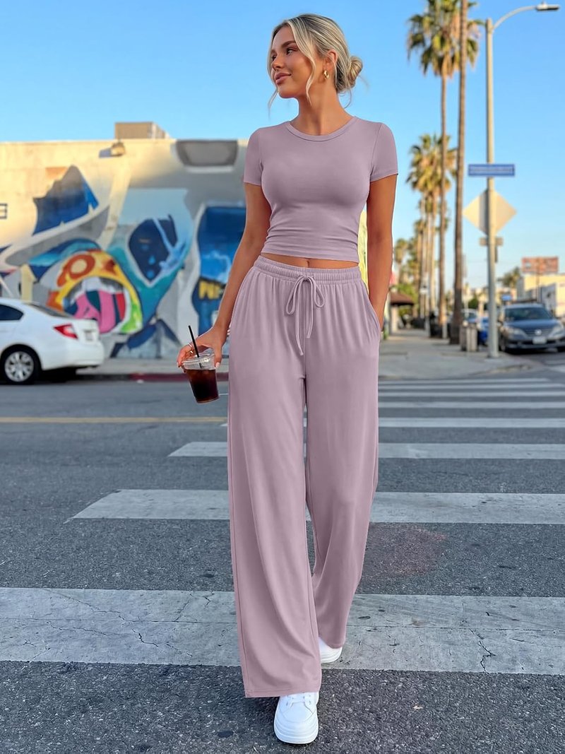 Trendy Queen Summer Lounge Set - Women's 2-Piece Matching Outfit with Side Ruching Top & Wide Leg Pants | Pockets Included