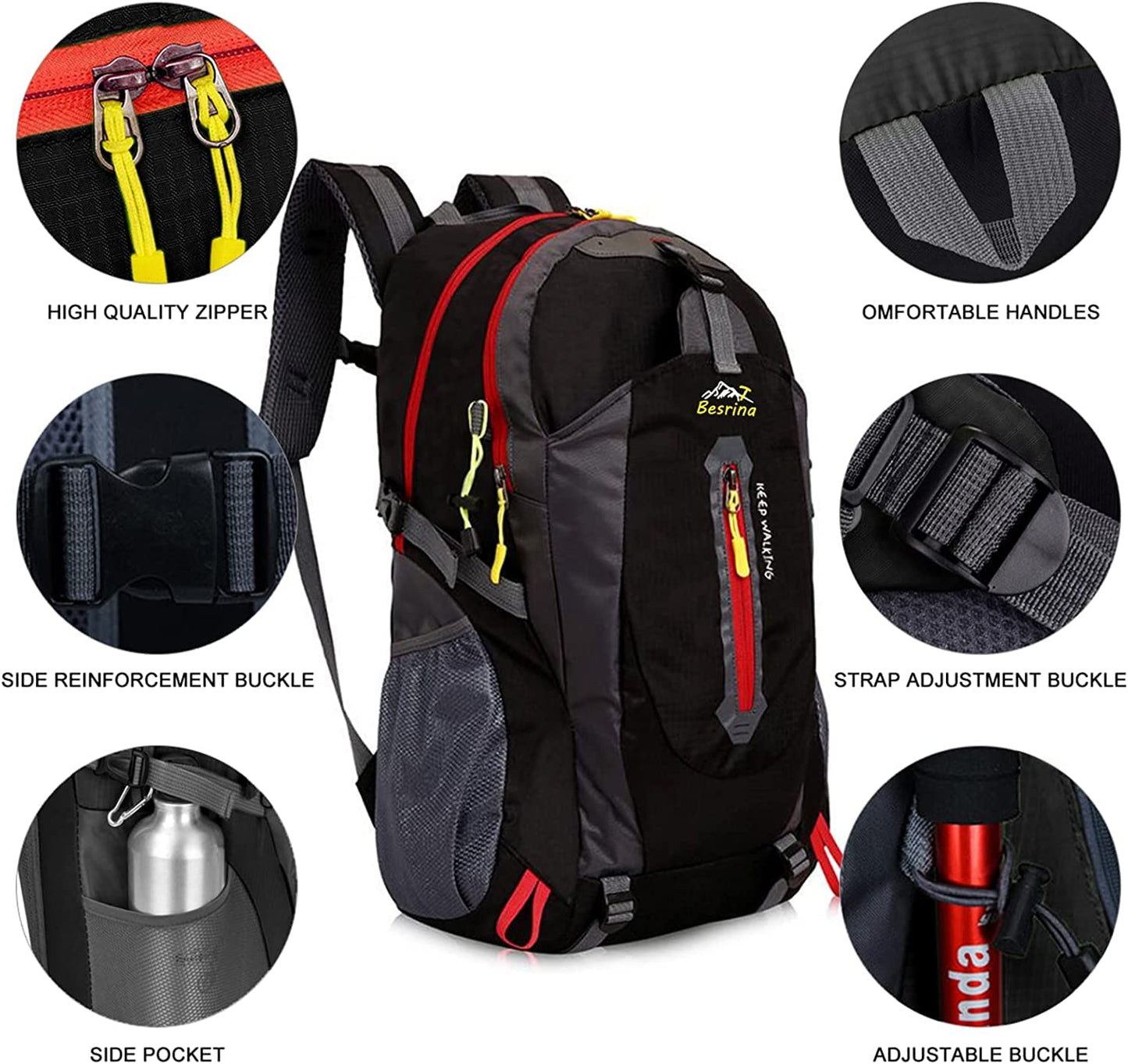 Besrina 40L Lightweight Hiking Backpack, Multi-functional Water-resistant Casual Camping Trekking Rucksack for Cycling Travel Climbing Mountaineer Outdoor Sport