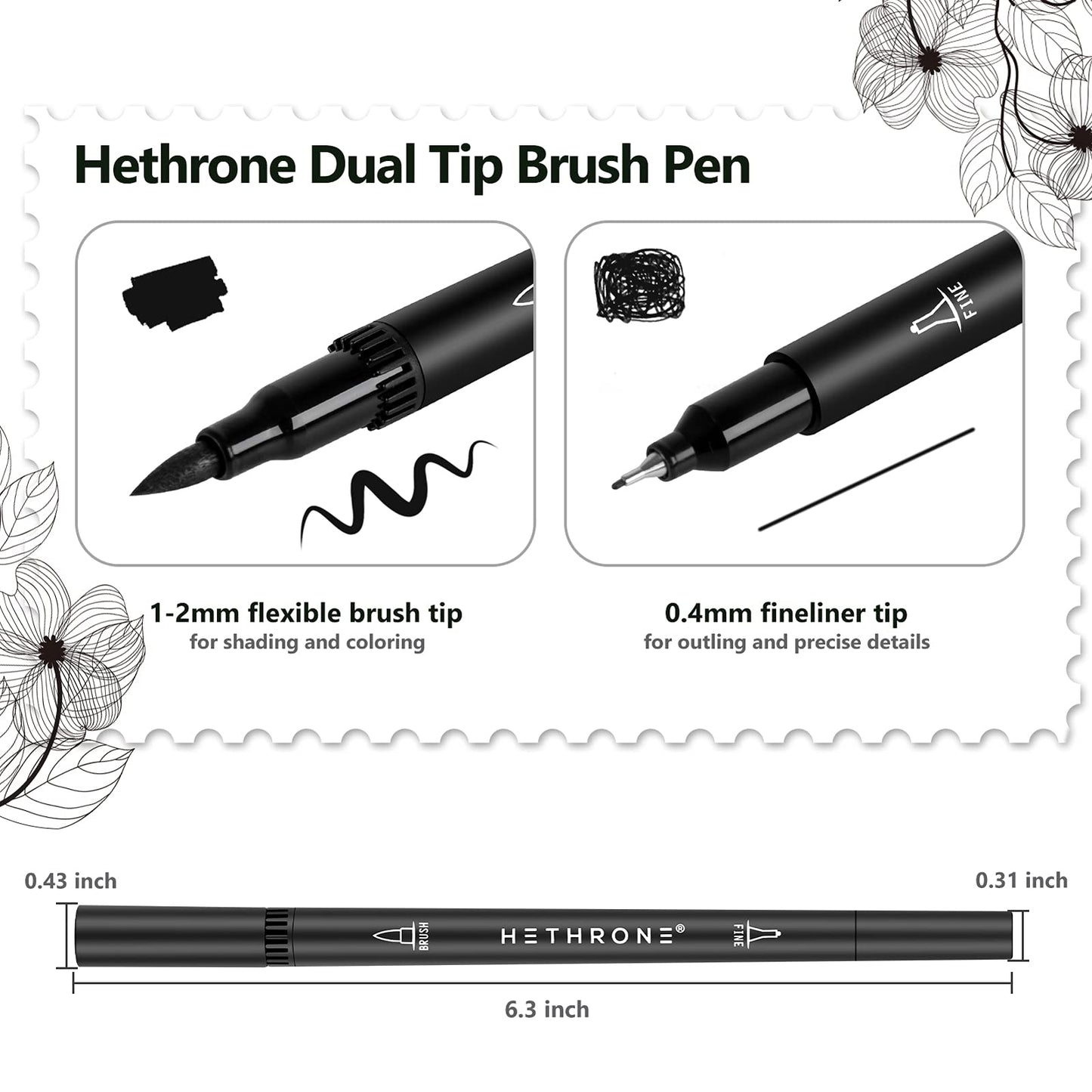 Hethrone Black Markers for Drawing - Brush Pens with Felt Tips for Artists - Calligraphy Pens, 12 Pack