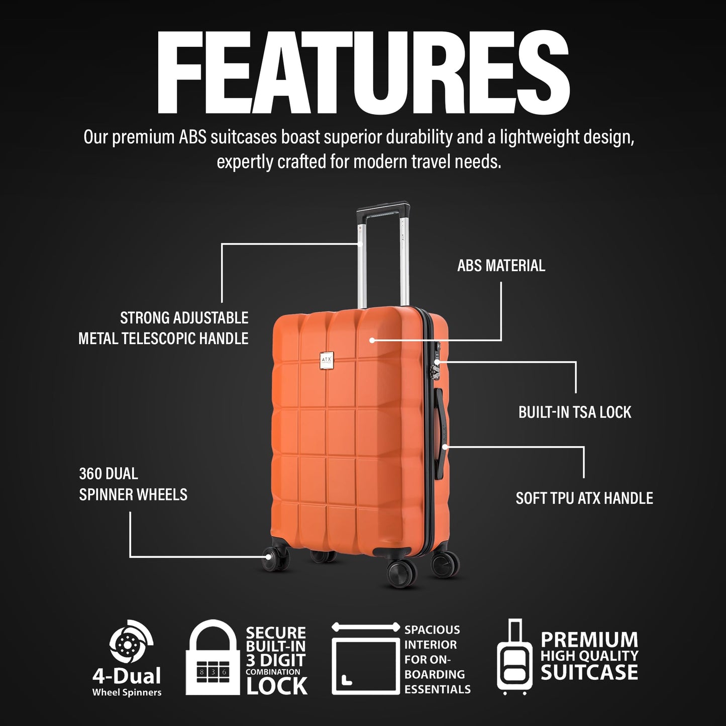 ATX Luggage Medium Suitcase on 4 Dual Spinner Wheels Super Lightweight ABS Hard Shell Hold Check in with Built-in TSA Lock (Orange, 65Liter)