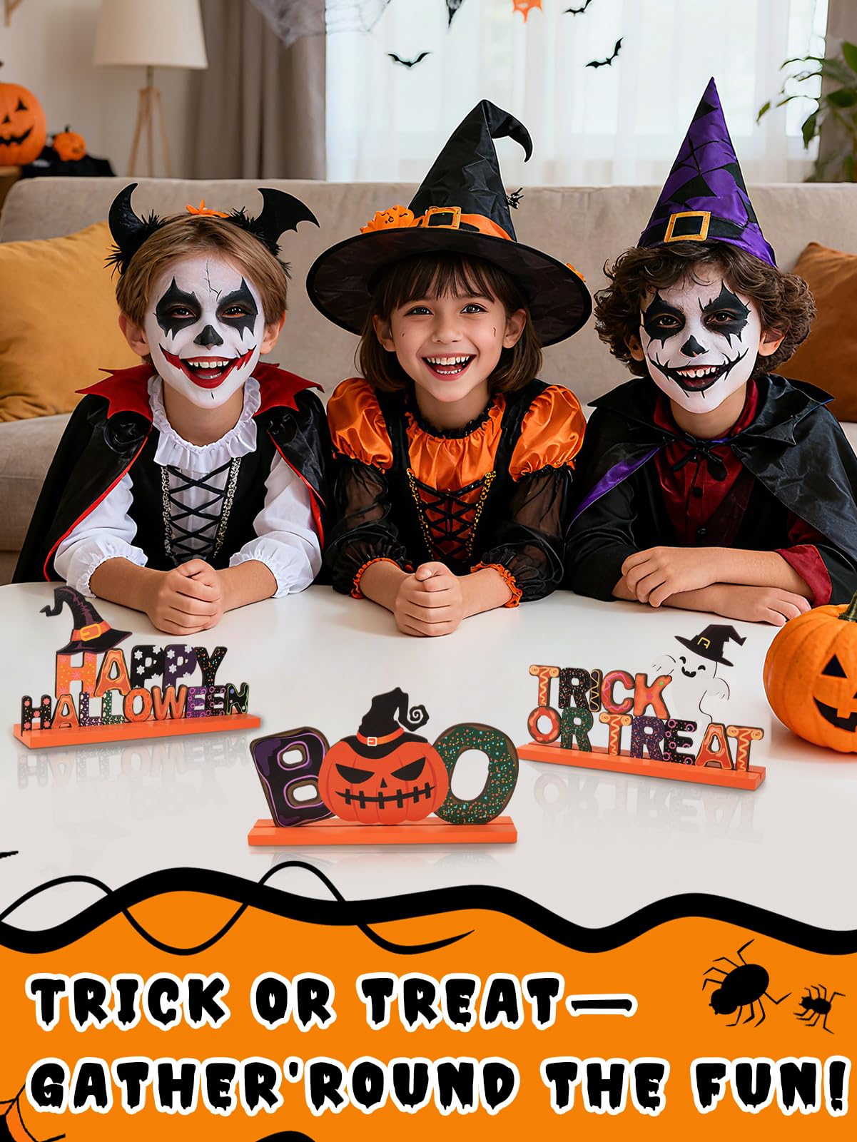 3Pcs Cute Halloween Table Decor Centerpiece Signs - Wooden Happy Halloween/Trick or Treat/Boo Indoor Decorations Gifts for Home Party, Office Desk, Kitchen, Tiered Tray