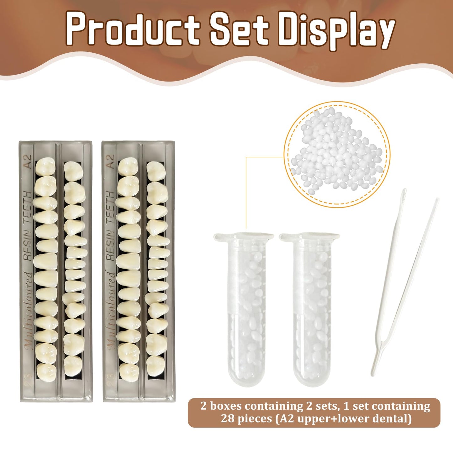 56 Pcs False Teeth Dental Complete Acrylic Resin Denture Teeth, 2 Set Whole Teeth Synthetic Polymer Denture Tooth, 23 Shade A2 Upper + Lower Dental Materials for Replacement, DIY, or Halloween