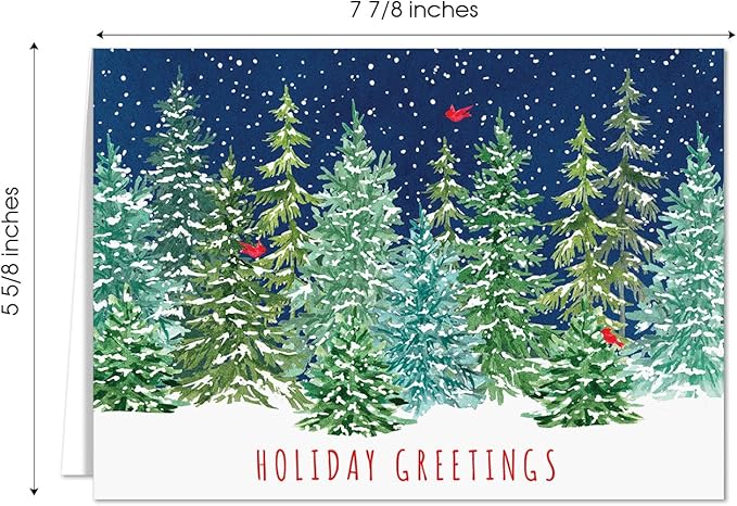 Masterpiece Snowy Evergreen Cardinal Trees Cards / 16 Boxed Holiday Note Card Set With Red Envelopes / 5 5/8" x 7 7/8" Folded Christmas Seasonal Winter New Year Greetings With Inside Verse