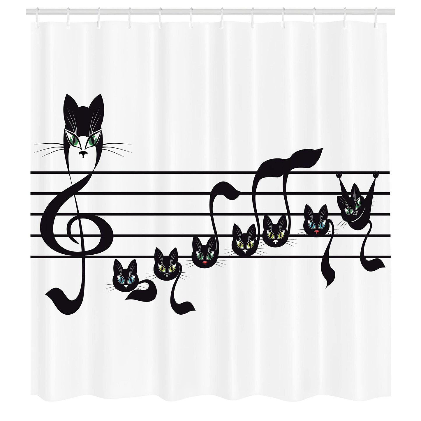 Ambesonne Music Shower Curtain, Notes of Kittens Kitty Cat Art Notation of Tune in Halloween Theme Monochrome Style of Artwork, Cloth Fabric Bathroom Set with Hooks, 69" W x 75" L, Cream and Black