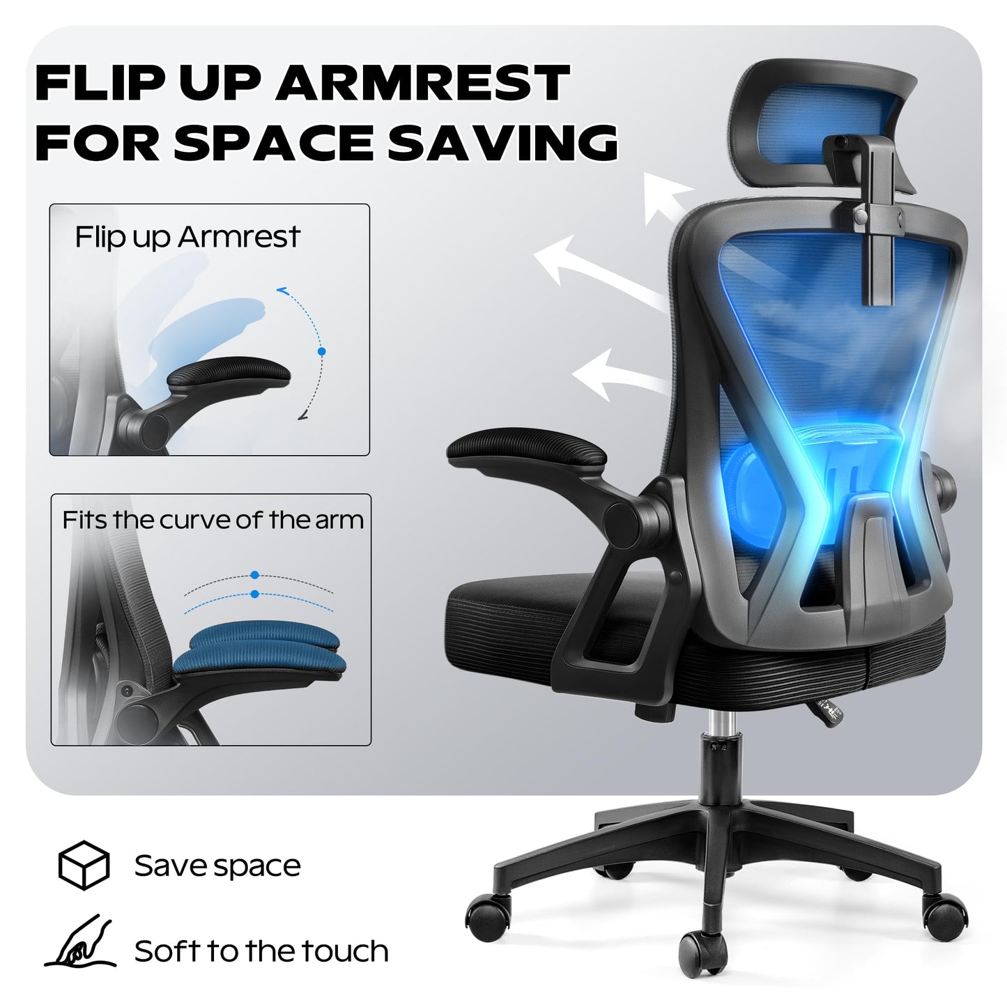 Ergonomic Office Chair, Home Office Desk Chair with Headrest, High Back Mesh Chair with Flip-up Armrests, Comfy Desk Chair with Lumbar Support, Rolling Swivel Task Computer Chair for Home Office