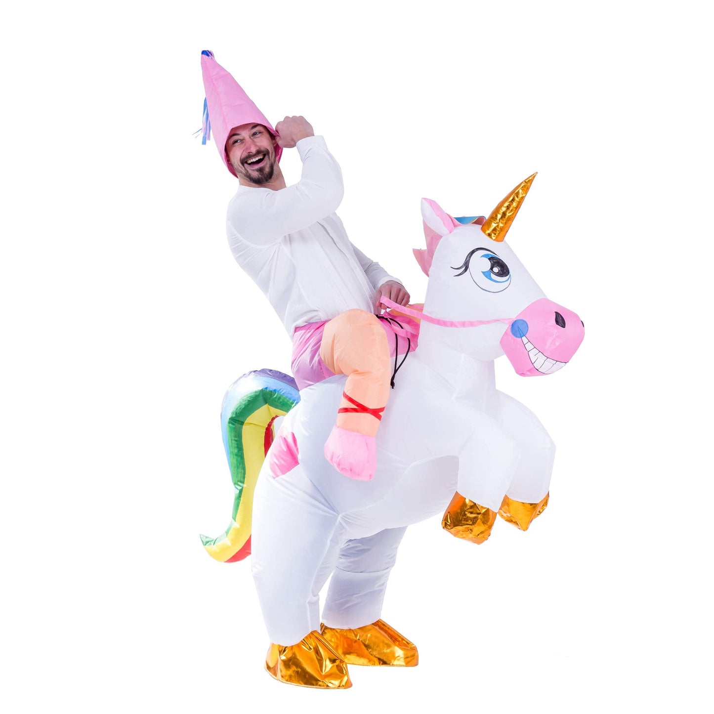 Spooktacular Creations Inflatable Costume Adult, Riding a Unicorn Blow-up Deluxe Halloween Costume with Hat for Halloween Dress Up Parties, White, X-Large(71In)