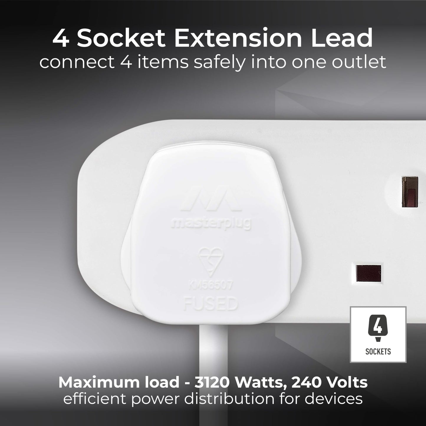 Masterplug Four Socket Extension Lead, Unswitched, 1 Metre Cable, 4-Way Plug Extension Cable, Power Strip, Basic Power, White, 13A, 4G, 1m, BFG110N