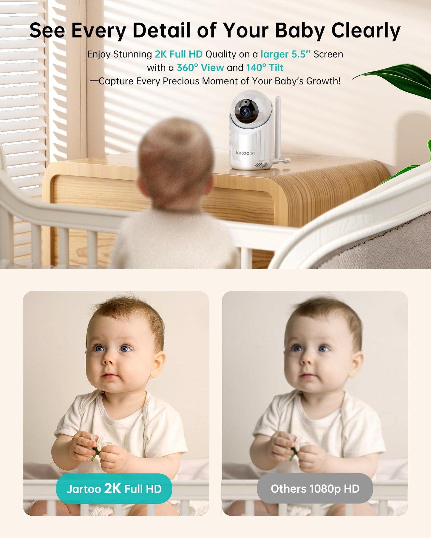 Jartoo 2K Video Baby Monitor with Camera and Audio, 3000ft Long Range Baby Monitor No WiFi 5.5" FHD Screen ANC Baby Camera Wireless, Feeding Clock, Night Vision, 2-Way Talk, AI Cry Detect, 6000mAh