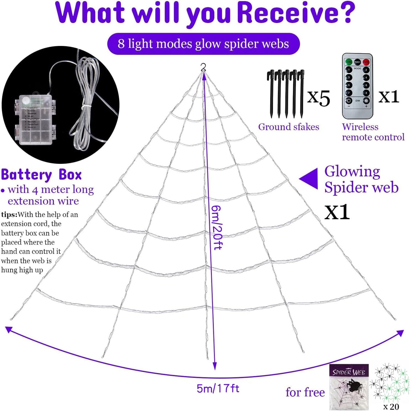 20*17FT Halloween Spider Web 150 Led Purple Lights Light Up Lighted Triangular Giant Battery Operated Waterproof with 200sqft Cobweb and 20 Small Spiders for Indoor and Outdoor Decor Yard Decoration