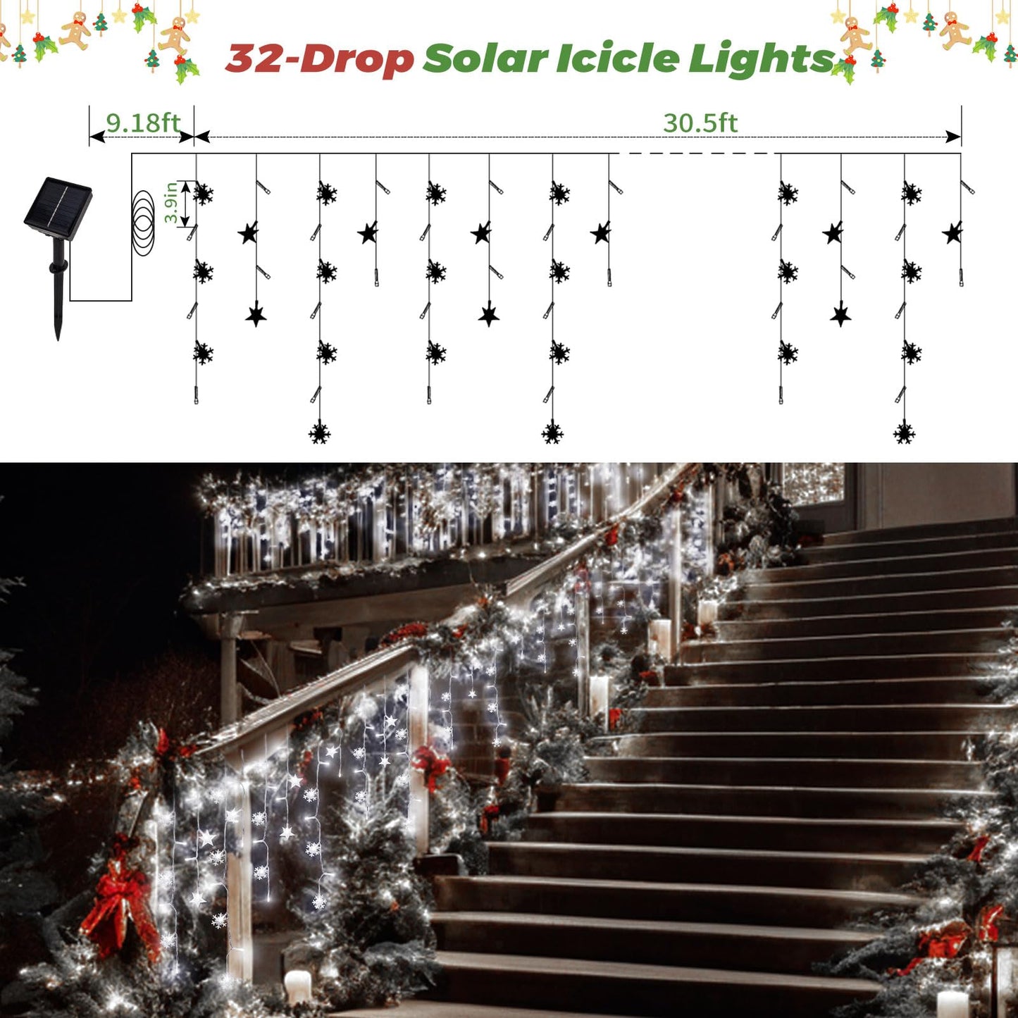 Newhale 30.5FT Solar Christmas Icicle Lights for Outside, 8 Modes Snowflake & Star Eaves Christmas Decorations, Waterproof Outdoor Solar String Lights Decor for Gazebo, Patio (White)