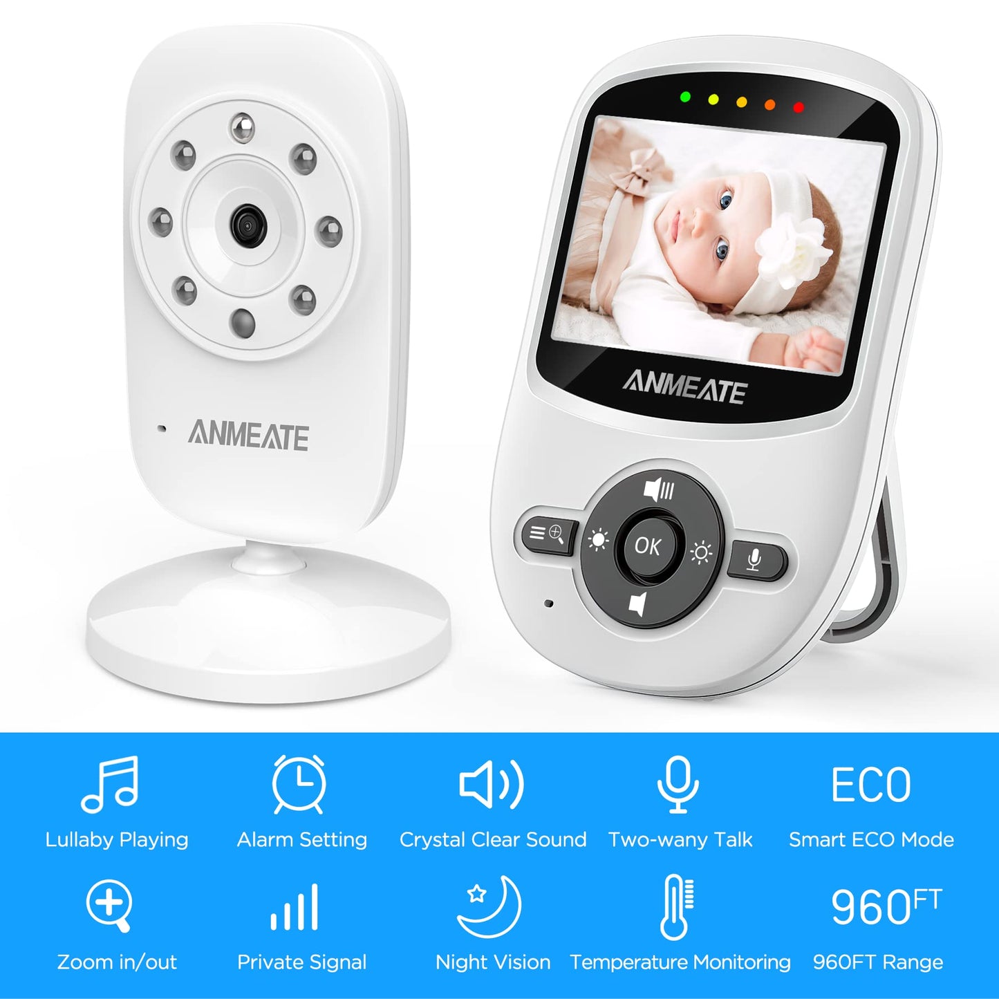ANMEATE Video Baby Monitor with Digital Camera, Digital 2.4Ghz Wireless Video Monitor with Temperature Monitor, 960ft Transmission Range, 2-Way Talk, Night Vision, High Capacity Battery(1 Camera)