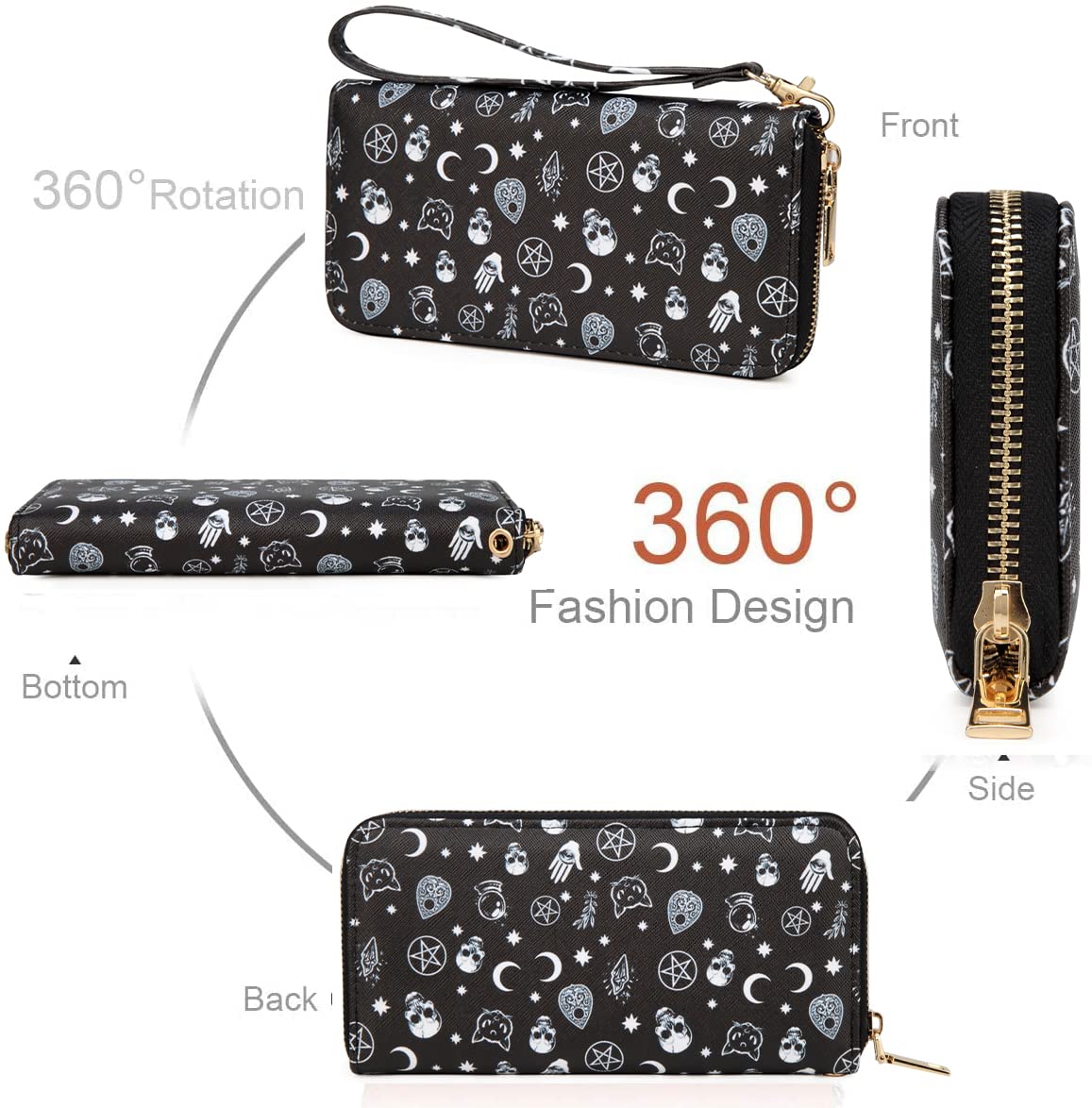 Fanwill Skull Halloween Wallet Gothic Purse For Women Wristlet Zip Around Goth Wallets Card Holder (Skull)