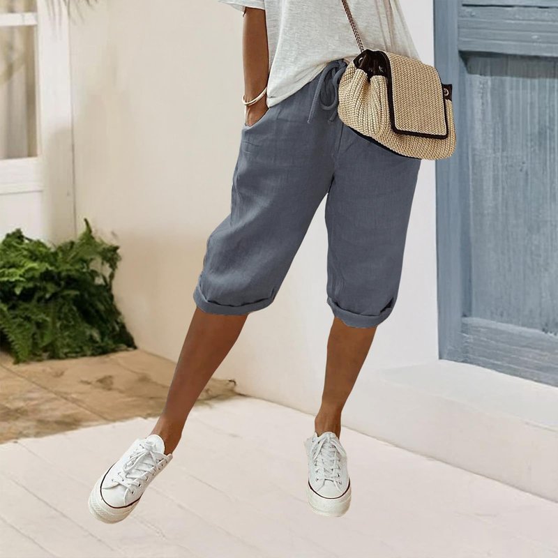 Costaric Womens Cotton Linen Shorts Knee Length Drawstring Elastic Waist Pants 2025 Summer Casual Gym Going Out Shorts with Pockets Grey S