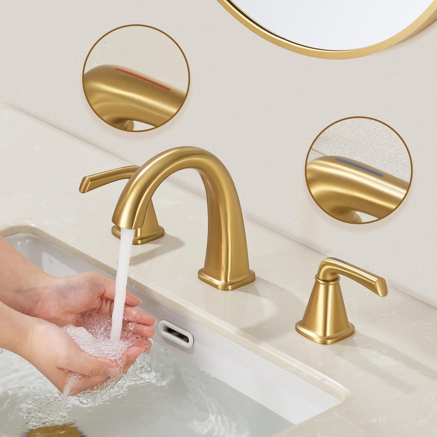 JABBOL Gold Bathroom Faucet,Brushed Gold Bathroom Faucet,Brass Sink Faucets,Bathroom Faucet 3 Hole Brushed Nickel,with Pop Up Drain Supply Hose for Vanity,Lavatory RV Farmhouse