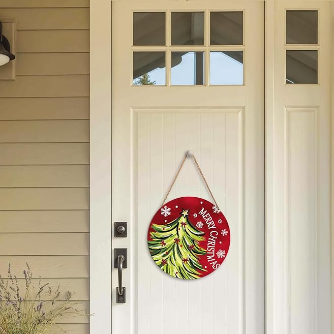 Merry Christmas Door Sign,Christmas Tree Decorations Wooden Holiday Hanging Sign for Front Door,Winter Red Christma Decorations for Home Garden Christm New Year 12"x12"