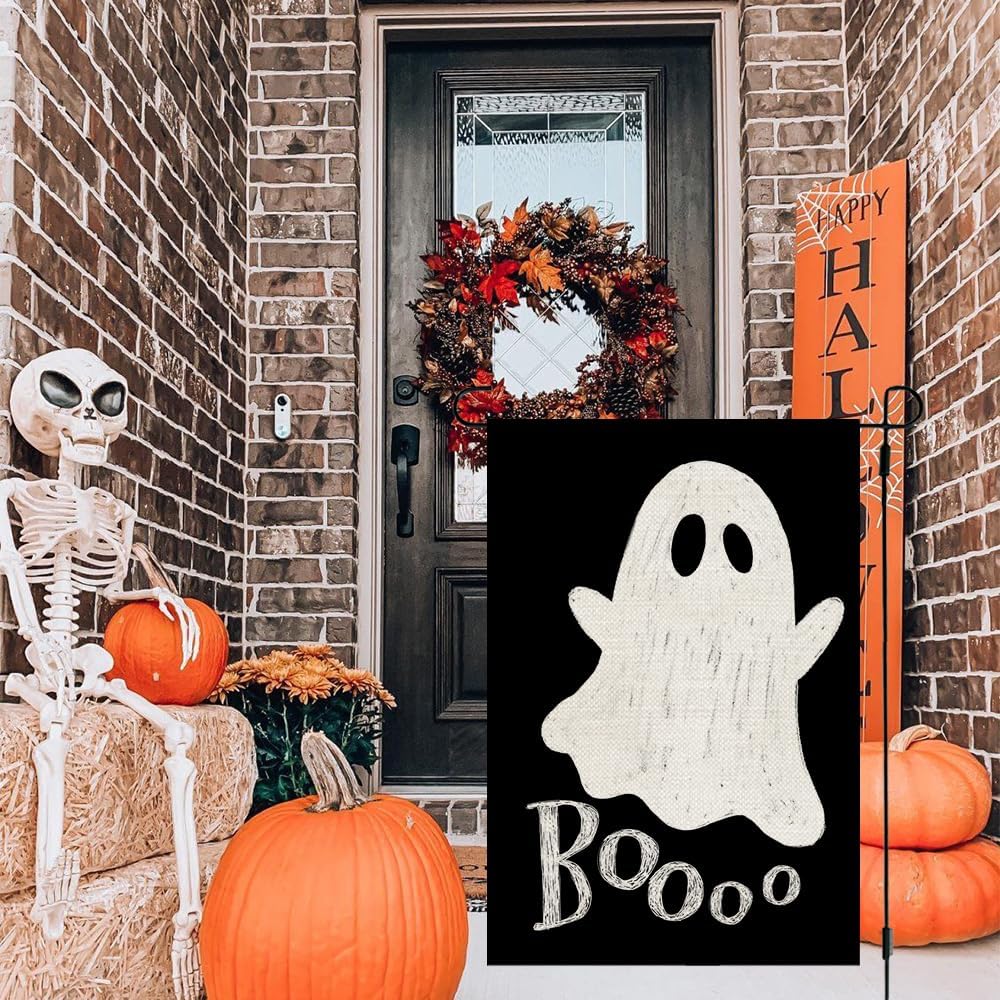 CROWNED BEAUTY Halloween Ghost Garden Flag 12x18 Inch Double Sided Small Burlap for Outside Boo Black Holiday Yard Decoration CF1079-12