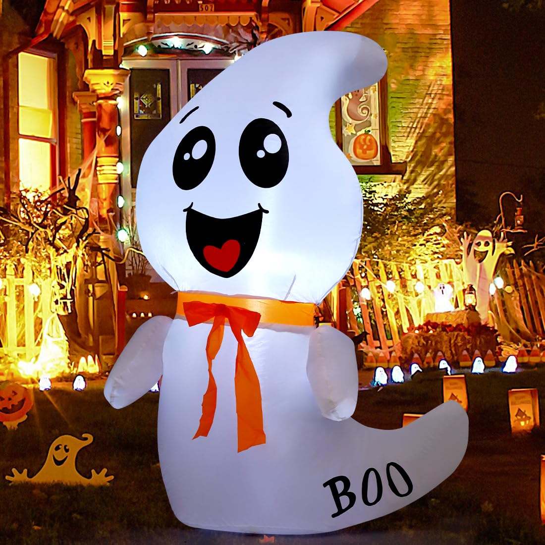 GOOSH 4 FT Halloween Inflatable Cute Ghost Outdoor Decorations Blow Up Yard Ghost with Built-in LEDs for Indoor Garden Lawn Party Decor