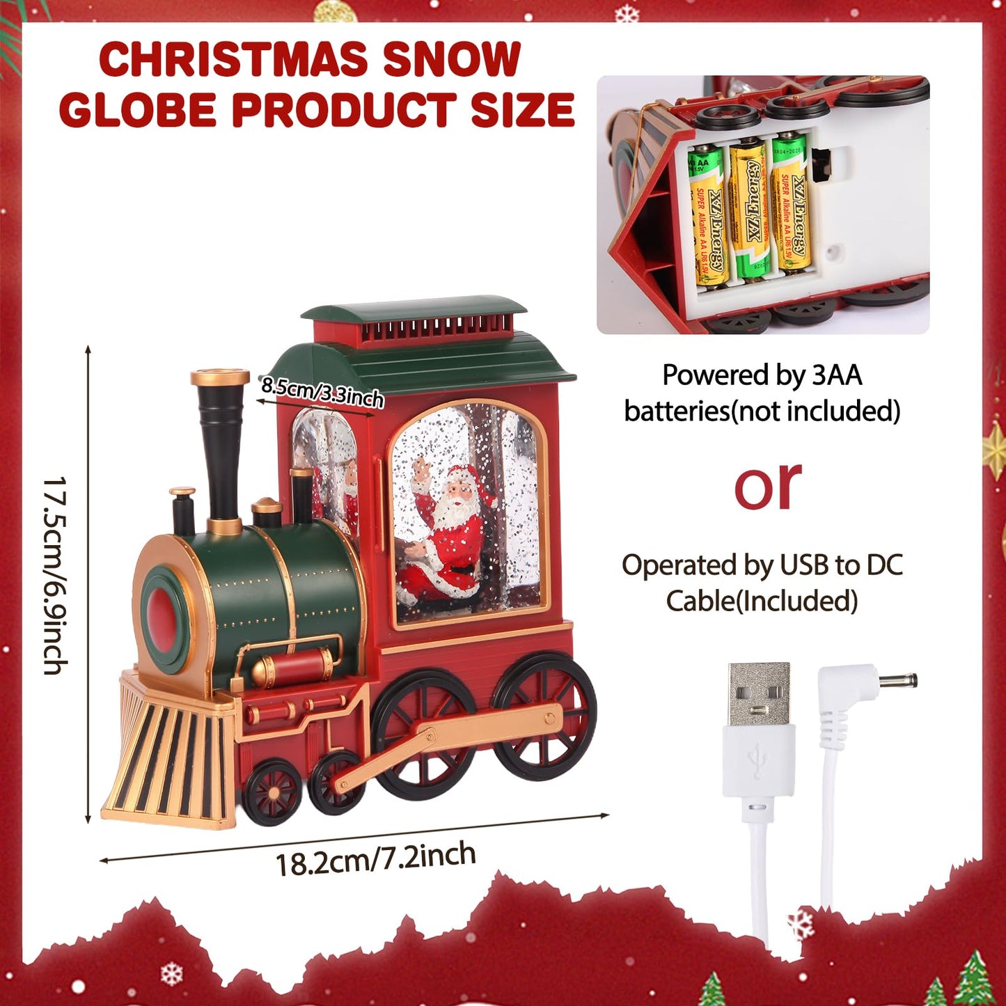 Train Christmas Snow Globe, Santa in Musical Train LED Glittering with 6H Timer Battery & USB Powered, Retro Style Holiday Glitter Globe for Xmas Home Decoration Holiday Party Gifts