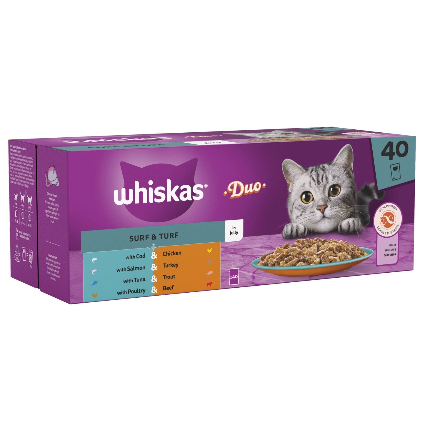 WHISKAS - 1+- Adult Wet Cat Food Pouches - 40 x 85 g - Surf and Turf in Jelly - Bulk Cat Food Megapack - 40 Pouches