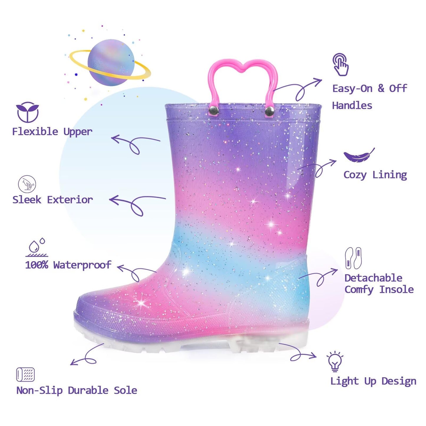EUXTERPA Light Up Wellies for Boys Girls, Girl Gradient Kids Welly Boots Children Wellingtons Waterproof Boots with Handle Size 10 UK Child