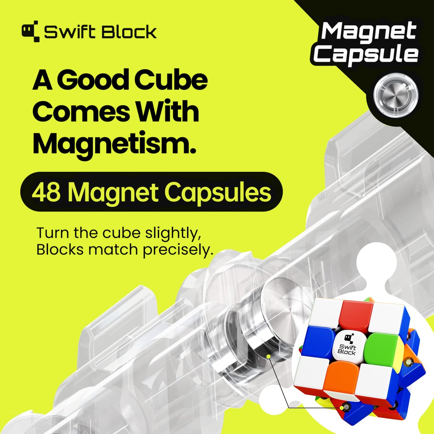 Swift Block 355S 3x3 Magnetic Speed Cube, Professional Magic Cube with 48 Magnets Fast Smooth Turning, Adjustable Elasticity Solid Durable & Stickerless for Kids and Adult