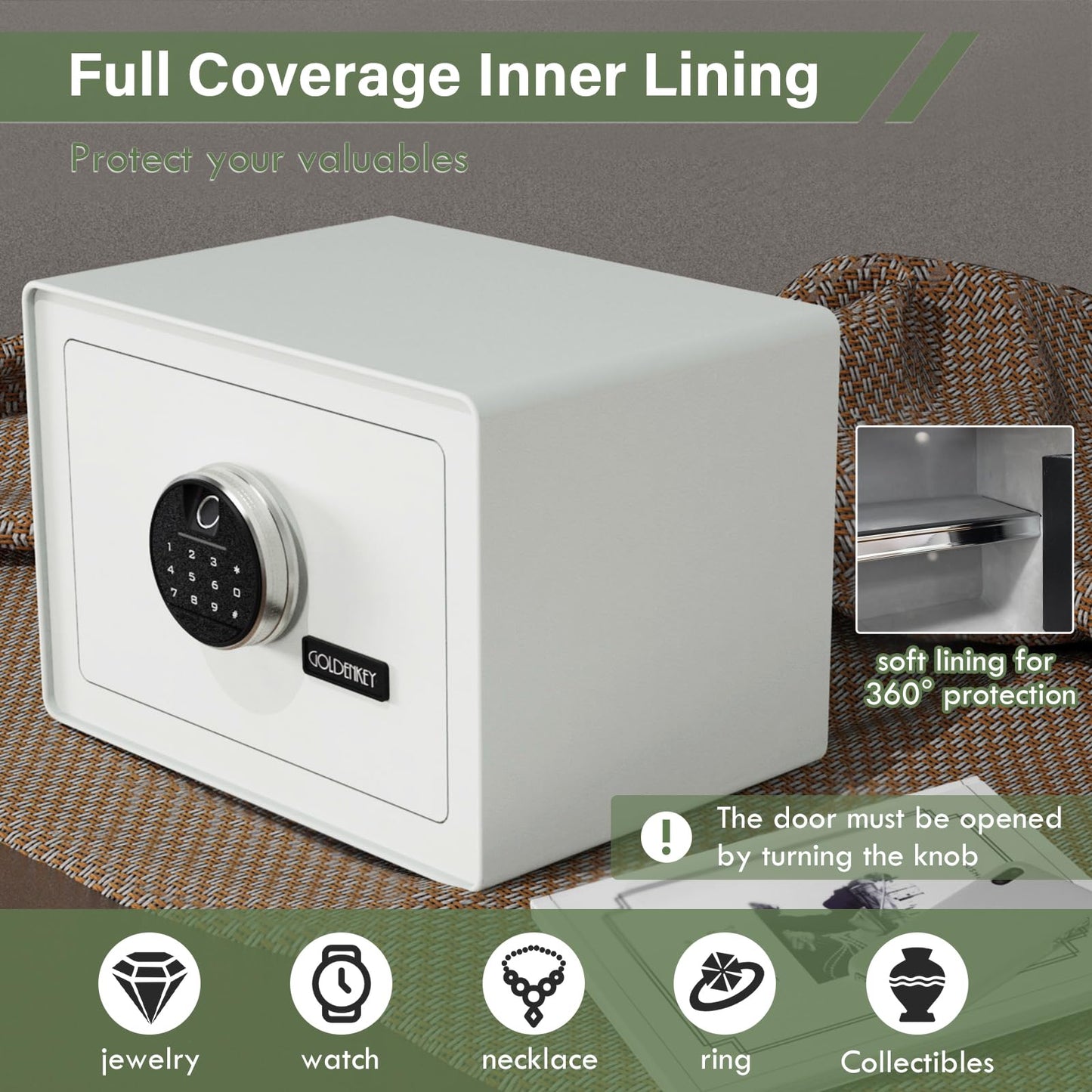 Goldenkey Luxury Jewelry Safe with Fingerprint&Keypad Lock, Document Safe Box with Soft Velvet Lining, Removable Shelf, High Security for Home Office, Hotel, 1.2 Cu.Ft.