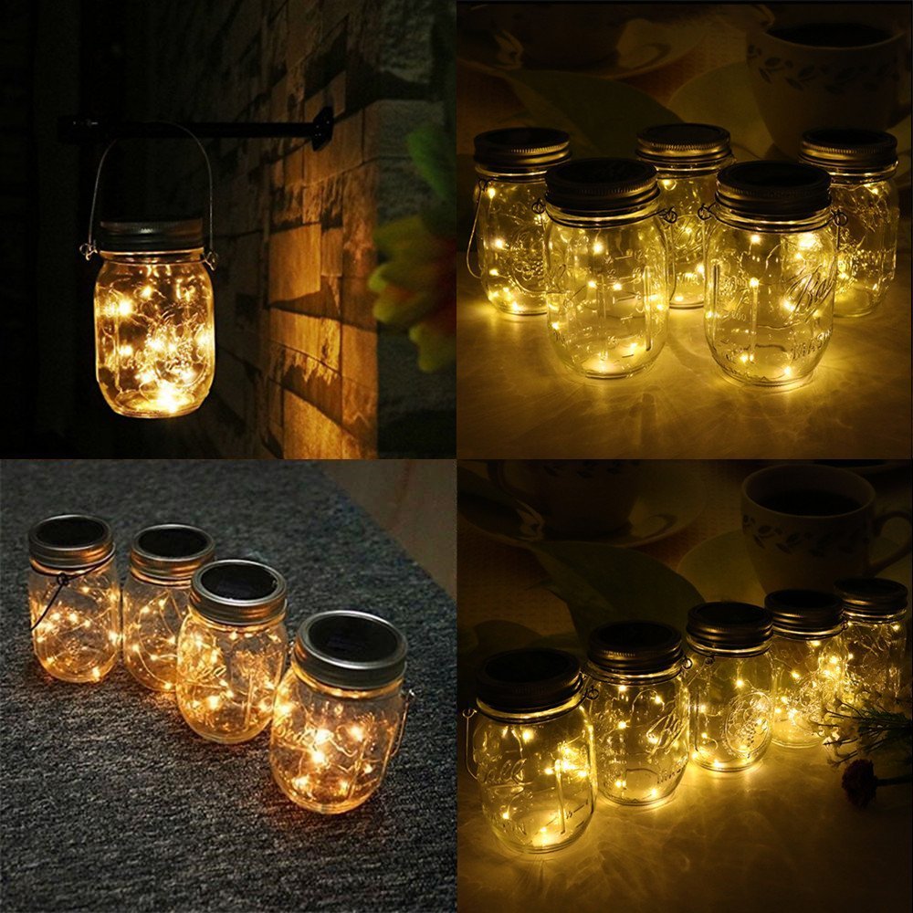CHBKT 4-Pack Solar-powered Mason Jar Lights (Mason Jar / Handle Included),20 Bulbs Jar Hanging Light,Garden Outdoor Solar / Hanging Lantern,Decor Solar Light,Table Light,Patio Path Light,Warm White