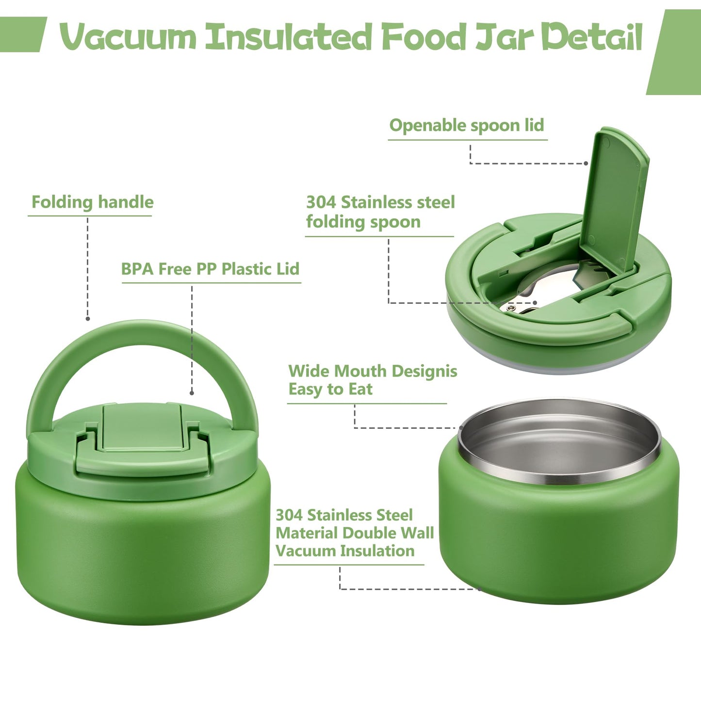 13.5oz Soup Thermo for Hot Food Kids Insulated Vacuum Food Jar with Buckle Lid,Wide Mouth Leakproof Stainless Steel Lunch Container with Spoon-Green