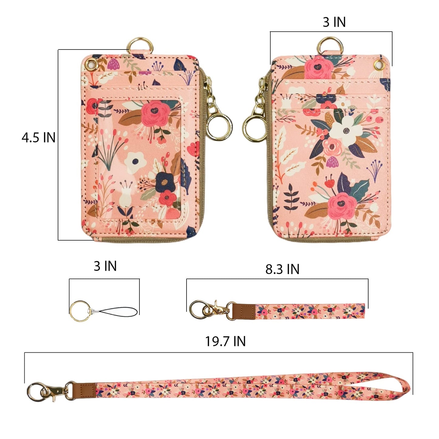 bolimoss Lanyard with Wallet,Zip ID Case with Lanyard,Lanyard Badge Holder,Lanyard Wallet for Women,Fashion Lanyard Wallet, ID Case Wallet with Lanyard(Pink Floral)