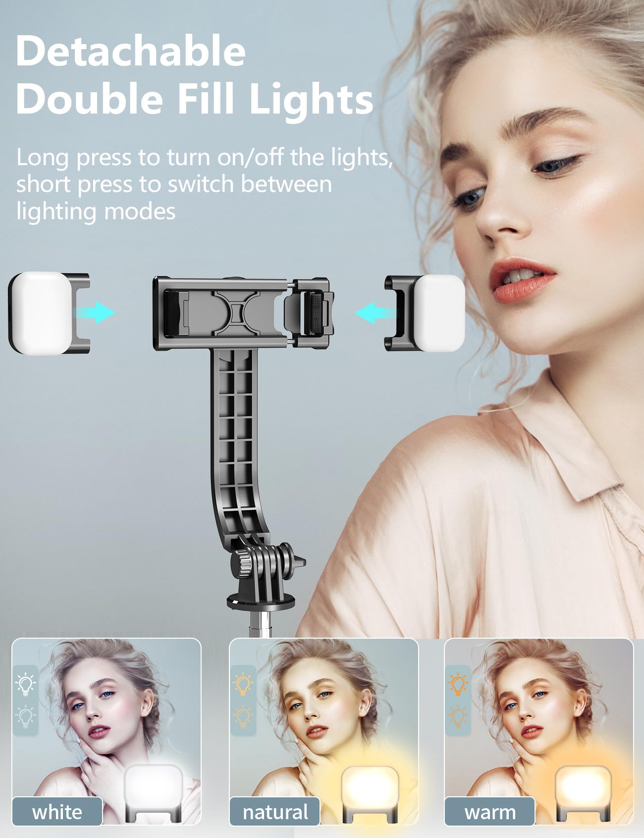 Selfie Stick Tripod with 2 Fill Lights, 45'' Extra Long Phone Tripod with Detachable Remote, Compatible with iPhone, Samsung, Smartphones