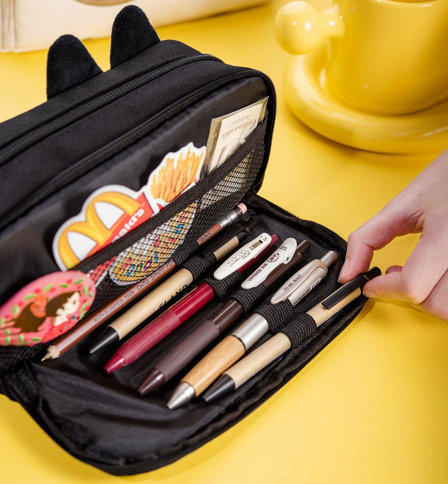 Hongdian Large Capacity Pencil Case Black Color, 3D Cat Pen Bags Pencil Pouch Organizer for Office College School