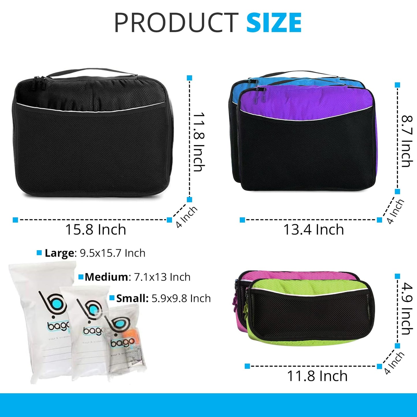 bago 8 Pcs Packing Cubes For Travel - 5 Packing Cube with 3 ZipLock Bags - Travel Cubes to Get Maximum Storage, Save Time & Effort to Pack - Happy Traveling (BlackBluePurpGreenPink)