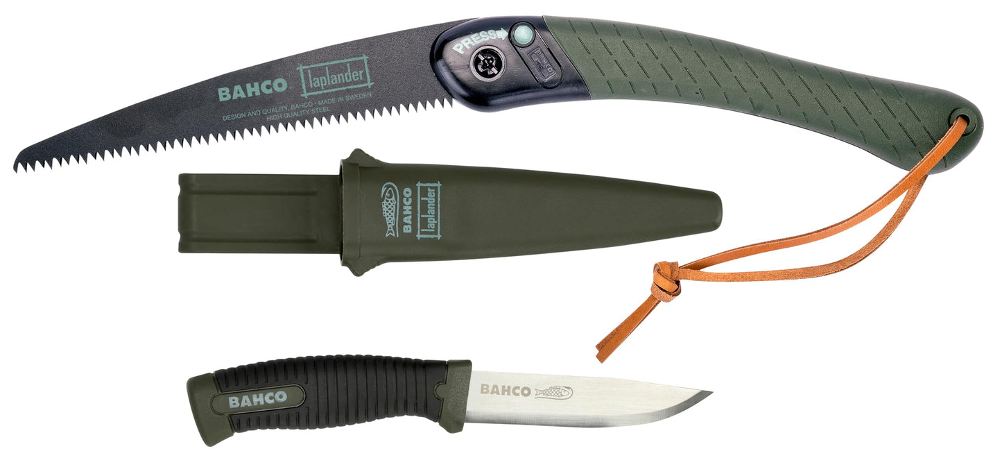 Bahco 9" Laplander Folding Saw & Knife Combination ? Includes 396-LAP Saw and 2446-LAP Knife with Rust-Proof Blade, Perfect Grip, and Belt Holster for Bushcraft, Camping, and Outdoor Utility Tasks