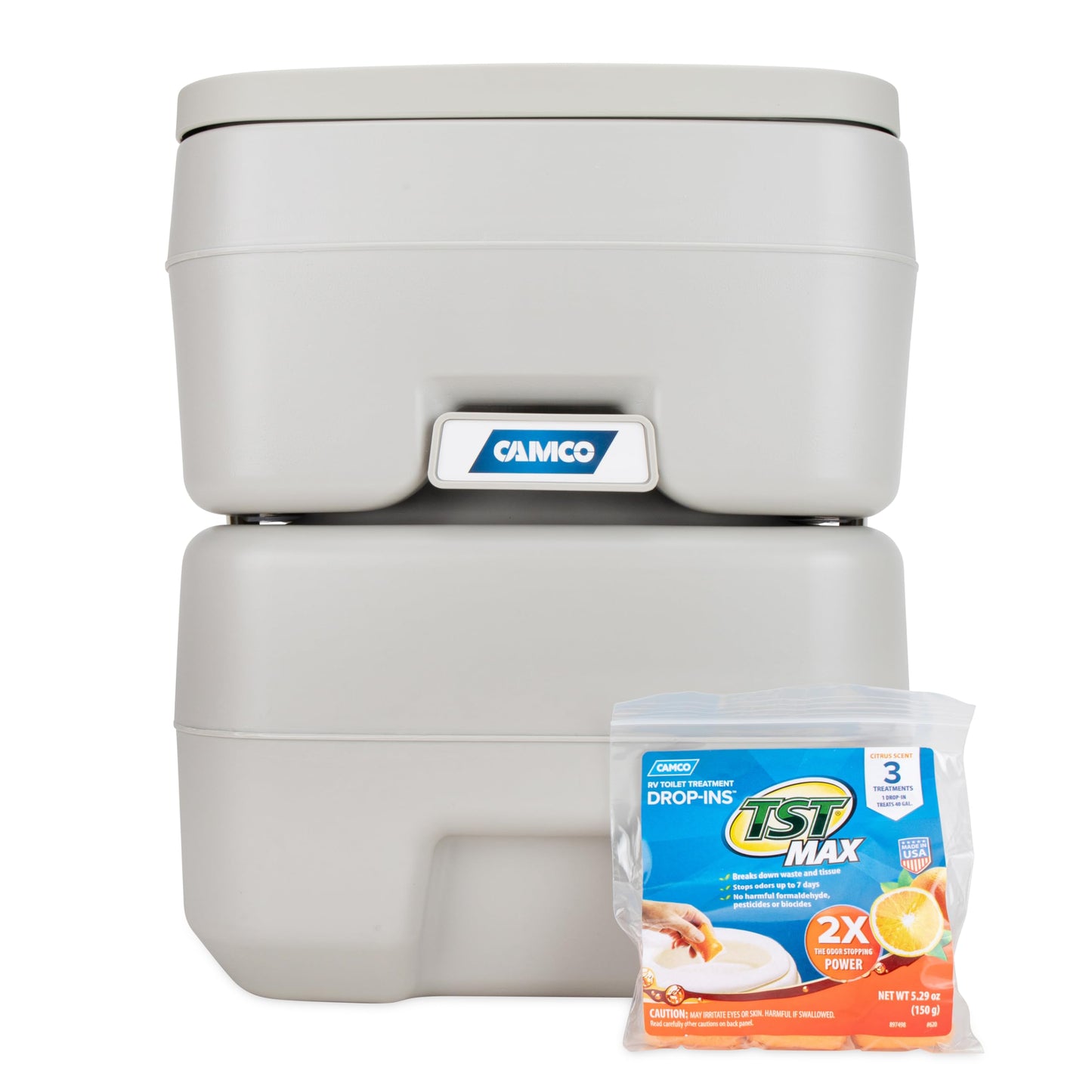 Camco 5.3-Gallon Portable Toilet - Features Detachable Holding Tank w/Sealing Slide Valve & Bellow-Type Flush - Easy Transport w/Compact Lightweight Design & Carry Handle - Gray (41541)