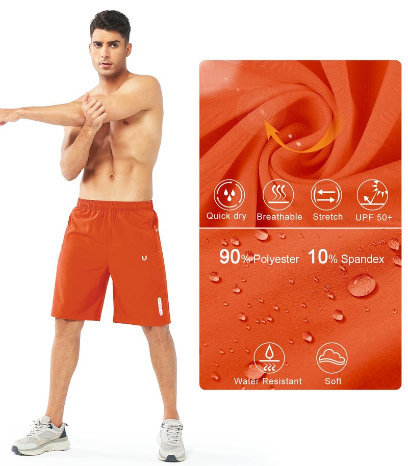 NORTHYARD Men's Athletic Running Shorts Gym Workout 7"/9"/5" Quick Dry Lightweight Sports Basketball Tennis 3 Zipper Pockets ORANGE-9inch S