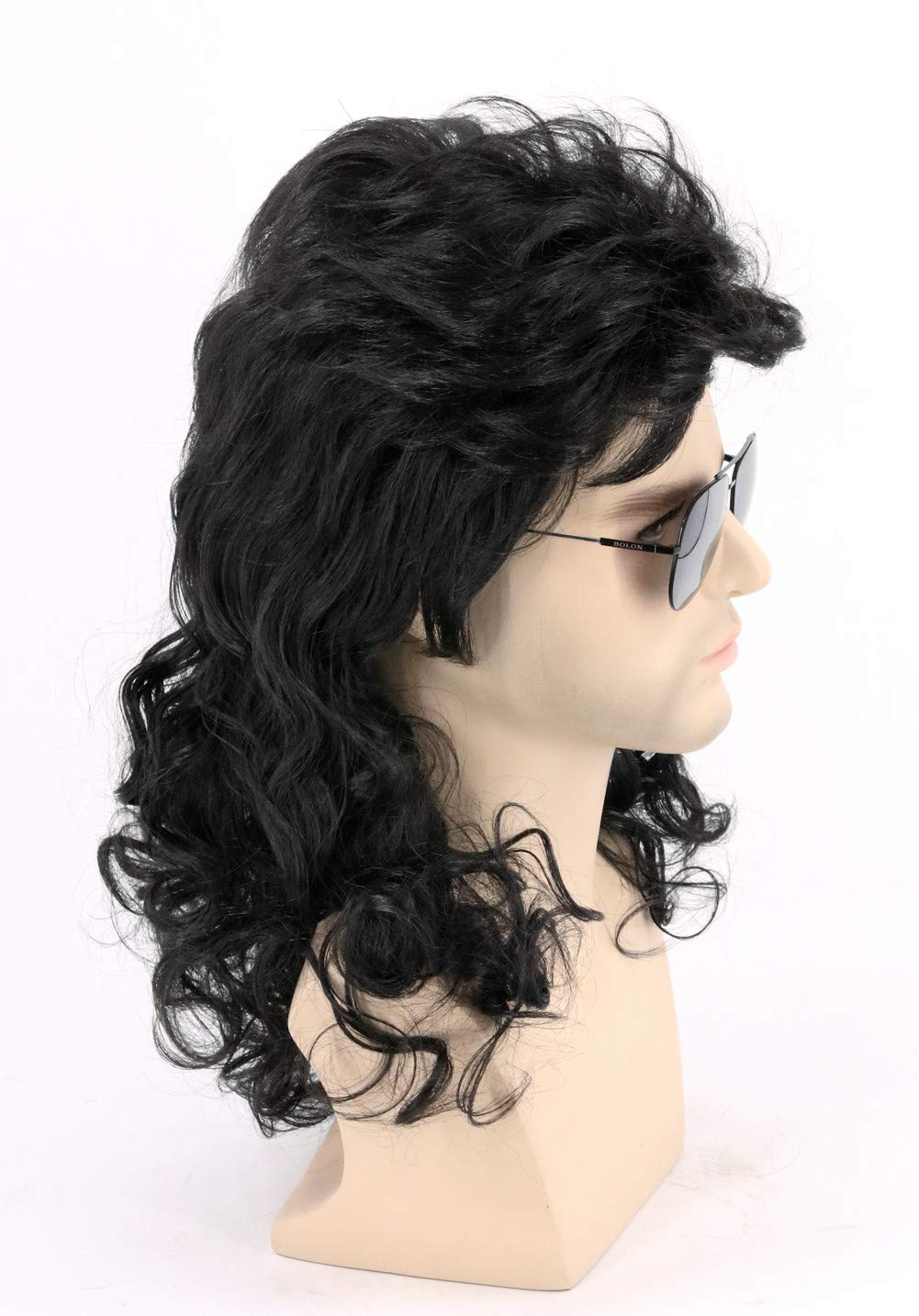 Topcosplay Men's 80s Mullet Wig - Black Curly Male Wig for Halloween Costumes, Punk Rocker Style