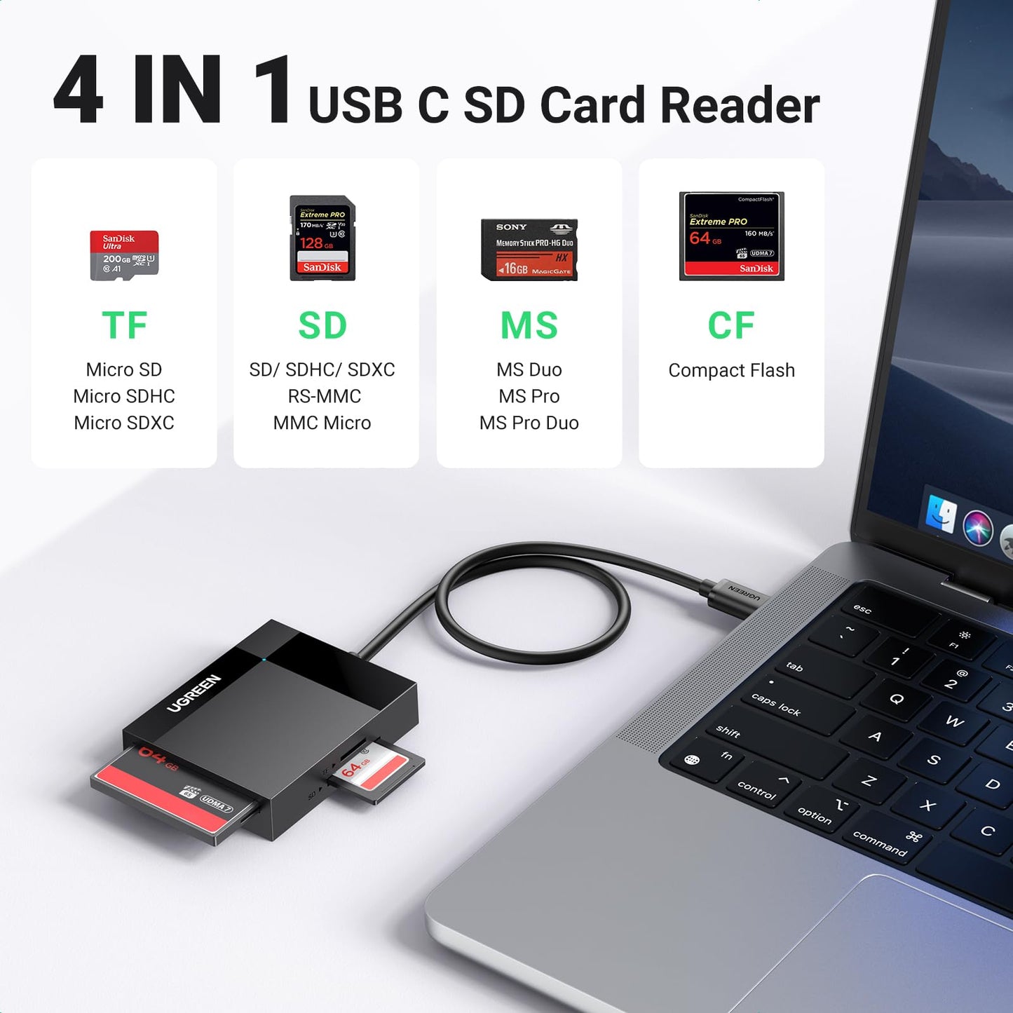 UGREEN SD Card Reader, 4-IN-1 USB C to SD Card Adapter, 5Gbps High-Speed Camera Memory Cards Reader,4 Cards Reading Simultaneously for SD CF TF MS, Compatible with iPad Pro, MacBook Pro/Air