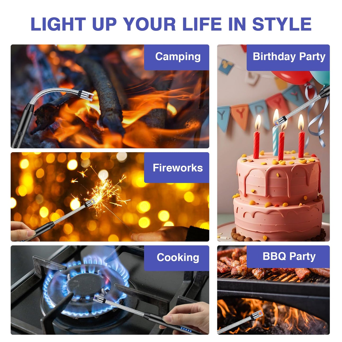 2 PCS Candle Lighter, Electric Lighter Arc Windproof Flameless with 360° Flexible Neck & LED Power Display, Lighters for Candle for BBQ, Grill, Camping, Fireplace, Stove