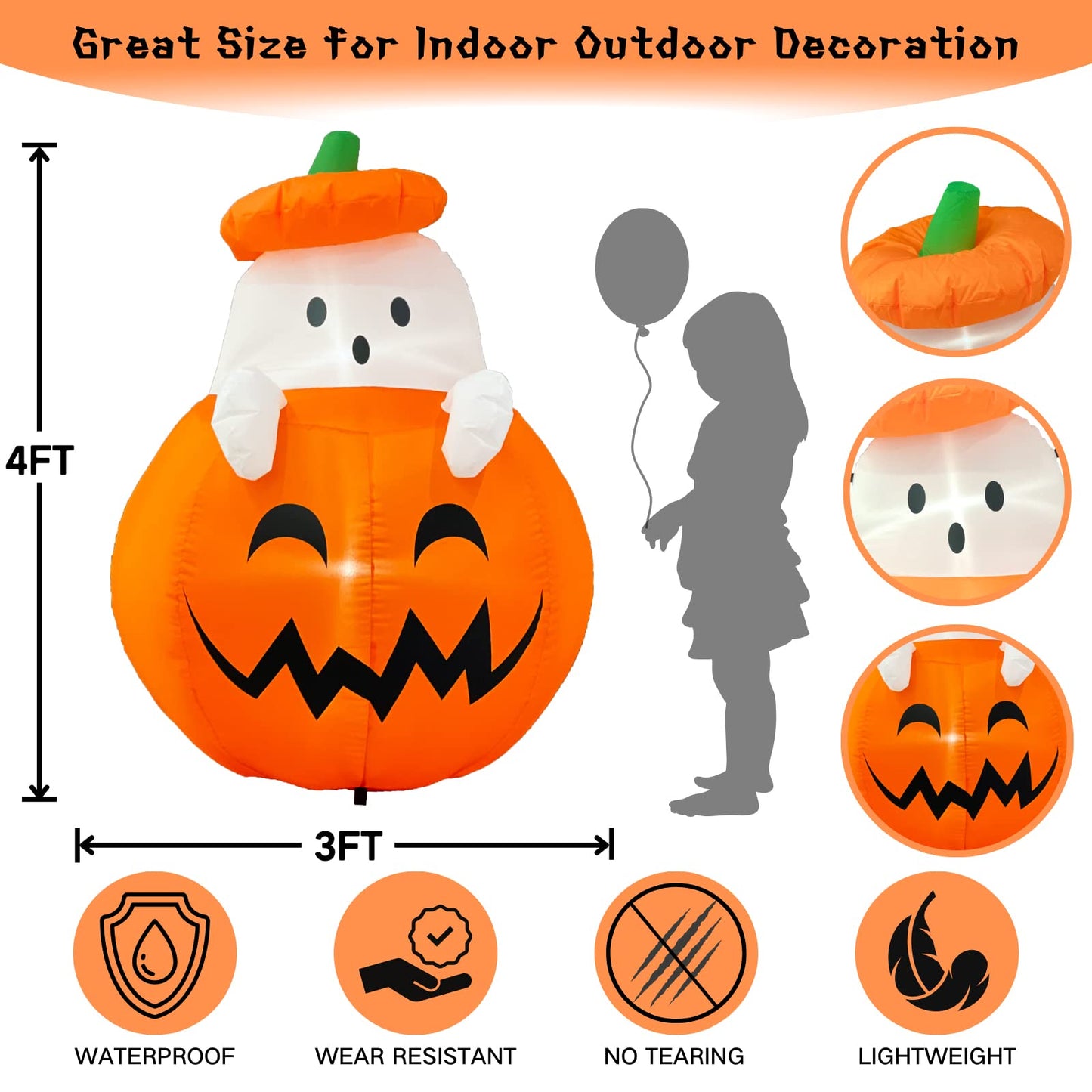 Buheco Inflatable Pumpkin Ghost Halloween Decorations Outdoor Blow Up 4ft Giant Cute Scary Yard Decor Inflatables Built in Led Lights for Indoor Outside Lawn Garden Holiday Fall Family Party Props