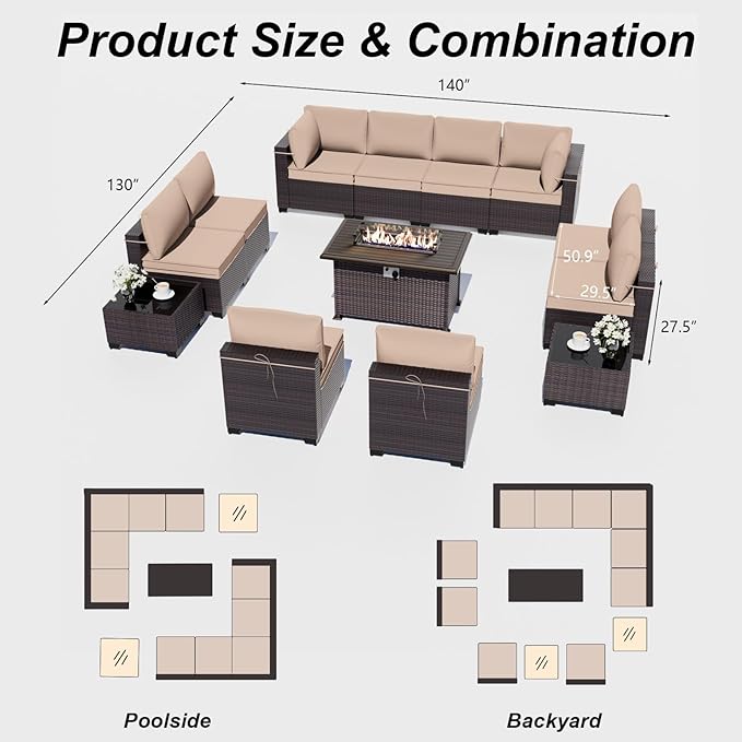 ALAULM 13 Pieces Patio Furniture Set with Fire Pit Table Outdoor Sectional Sofa Sets Outdoor Furniture 43" Gas Fire Pit CSA Approved PE Rattan Patio Conversation Set w/10 Seat Cushions (Sand)