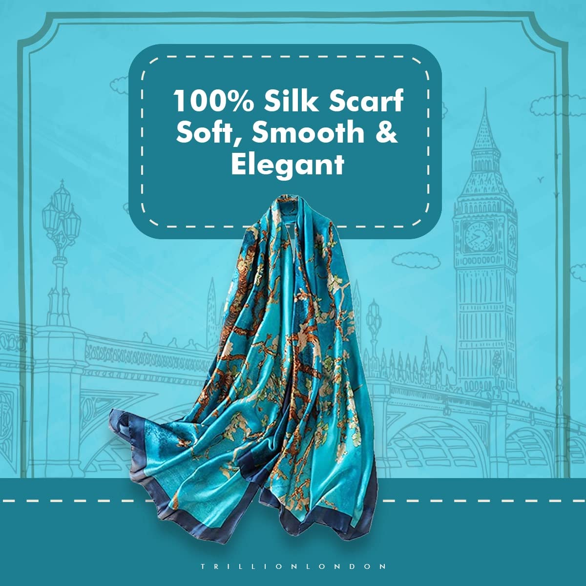 Trillion London® Spring Collection | Blue Floral Silk Neck Scarf For Women | Ladies Lightweight Scarves | Shawl Wraps | Suitable for Daily Life, Gifting | Smooth Soft Finish | Size - 180cm*90cm