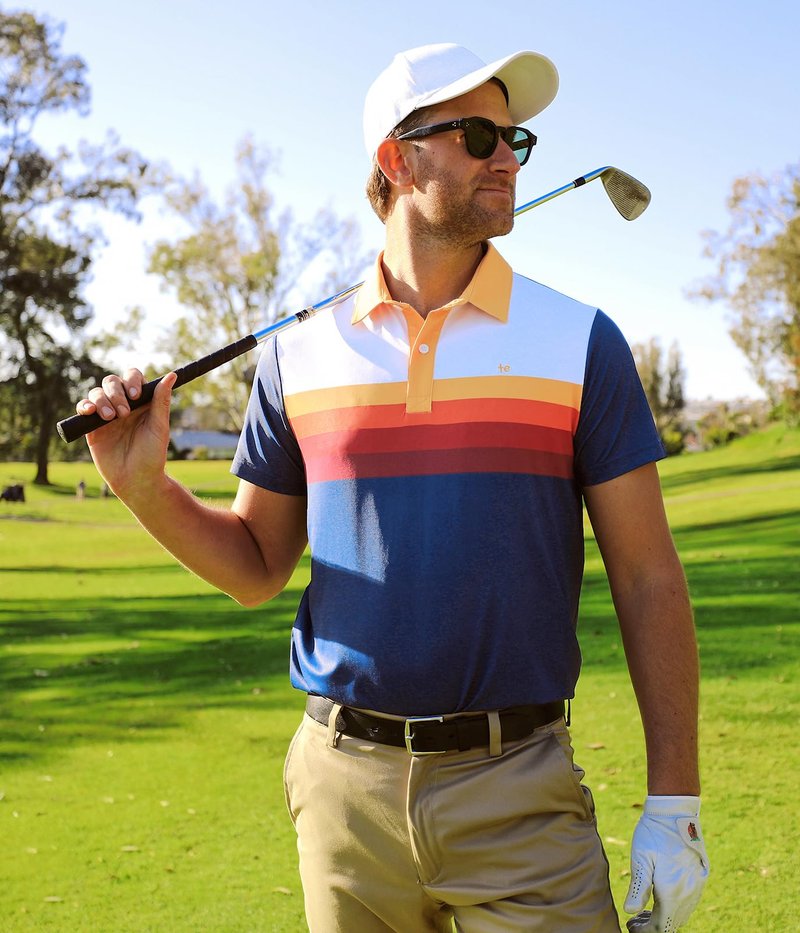Tipsy Elves Men's Performance Golf Shirt - 4-Way Stretch, Quick Dry, Athletic Cut - Blue Slice of Sunset Golf Polo - X-Large