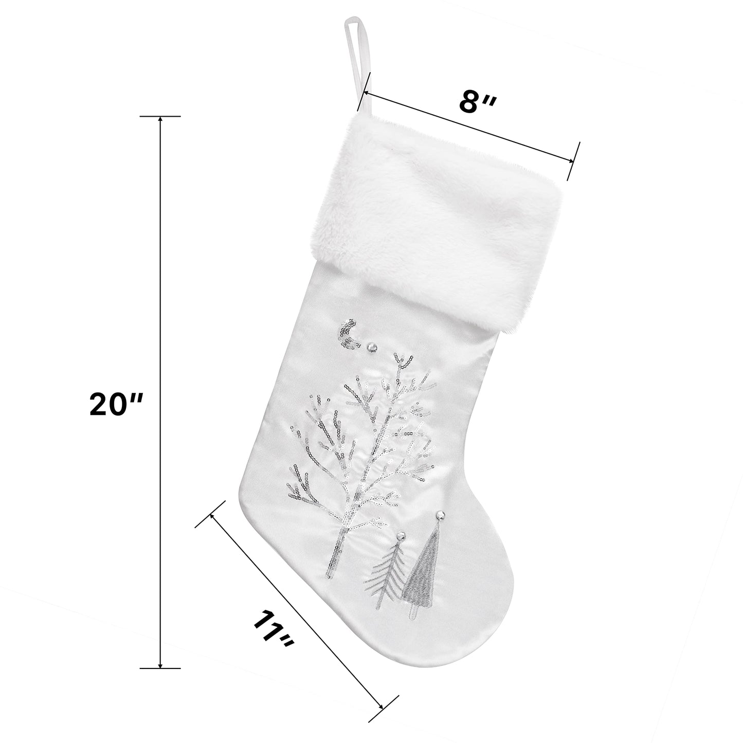 GEX Christmas Stockings 6 Pack for Family 20" Large Silver Gray Satin with Sequins Faux Fur Rhinestones Embroidered Classic Luxury Fireplace Tree Decorations Ornament for Xmas Season (Set of 6)