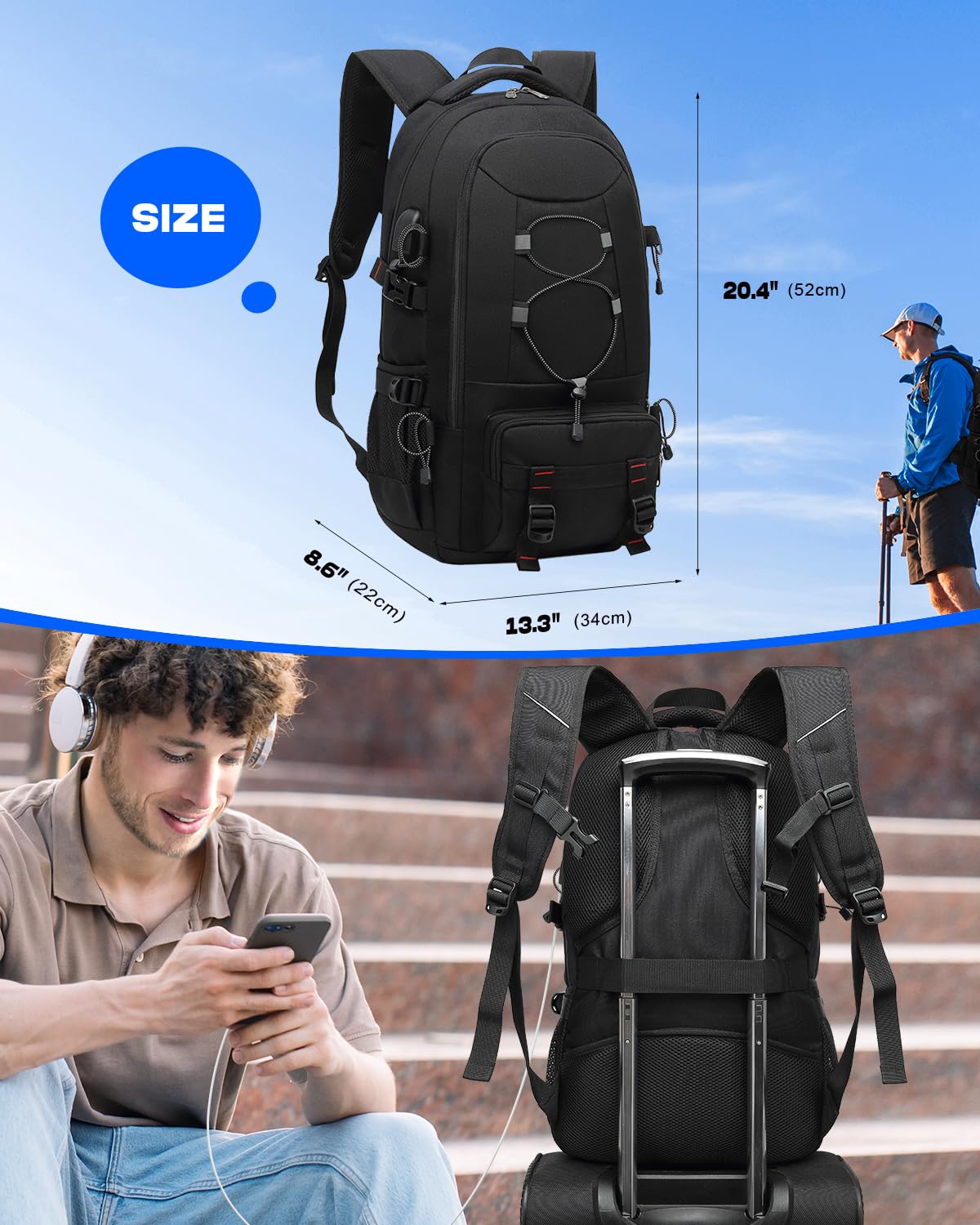 Besttravel Travel Backpack, 45L Hiking Backpacks Water Resistant Multi-functional Trekking Rucksack Travel Laptop Backpack Mens Fits 17.3 Inch Computer for Camping Climbing Cycling, Black