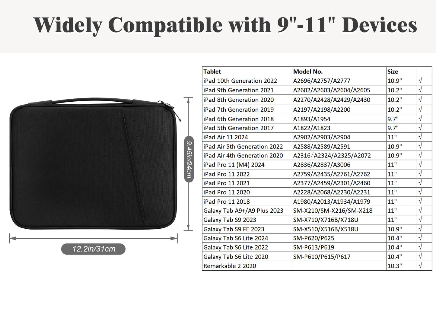TiMOVO 9-11" Tablet Sleeve for iPad 11-inch A16 2025, iPad 10th Gen. 10.9"/10.2"/ Air 11/5th/4th Gen. 10.9", Galaxy Tab A9 Plus 11", Protective Bag with Pockets, Black