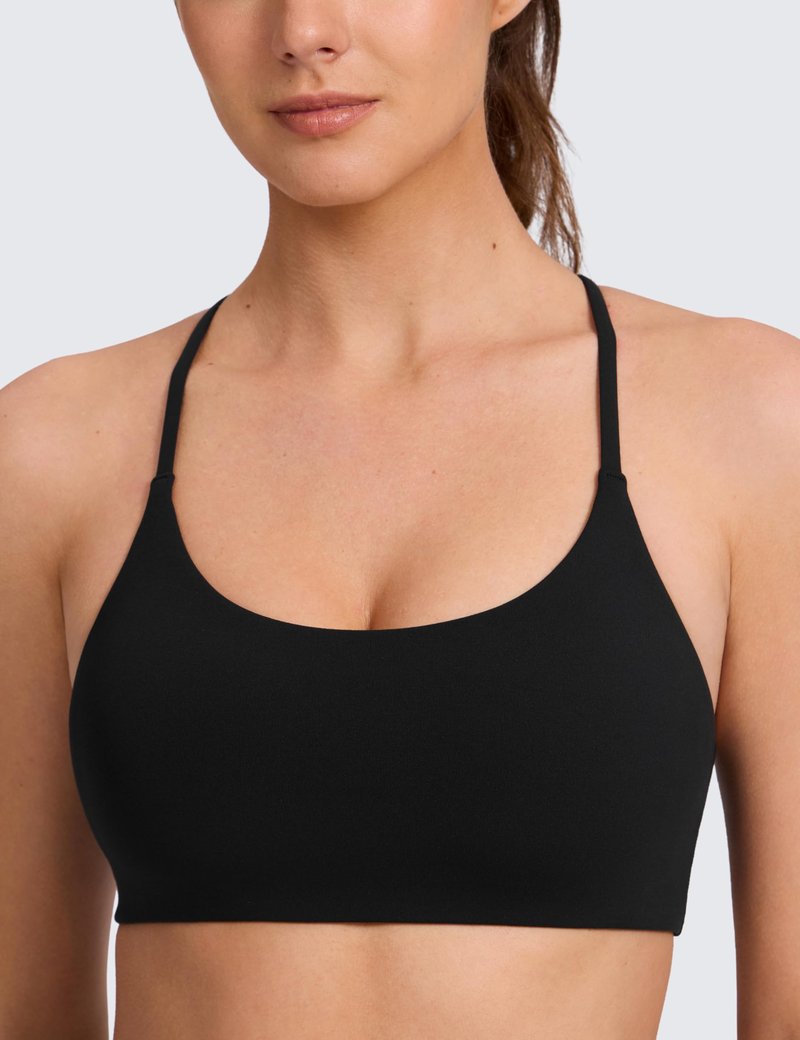 CRZ YOGA Butterlift Double Lined V Back Sports Bras for Women - Scoop Neck Spaghetti Strap Wireless Yoga Top Non Padded Black Small