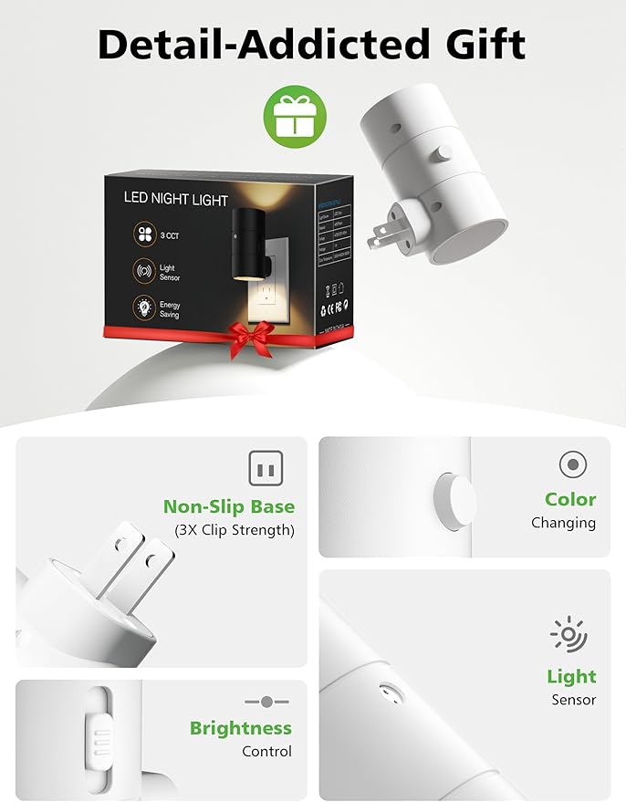 Night Lights Plug Into Wall,Dimmable LED Nightlight with Dusk to Dawn Light Sensor,0-100LM Adjustable Brightness,3 Color Temperatures,Night Light for Hallway Bathroom Stair Bedroom,White,2 Pack