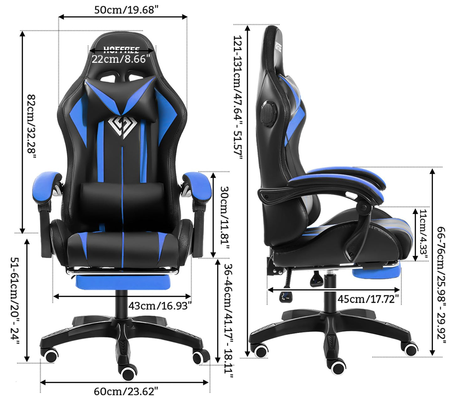 HOFFREE RGB Gaming Chair with Speakers Massage Computer Gaming Chair with LED Lights and Footrest High Back Video Game Chair for Adults Blue and Black